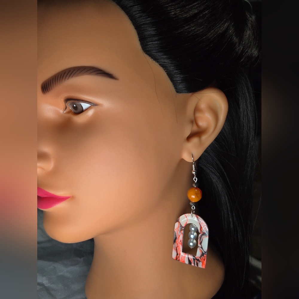 #B163- Handmade Marble Arch Earrings with Pearl Accents And Fire Agate Beads - Picture 5 of 5